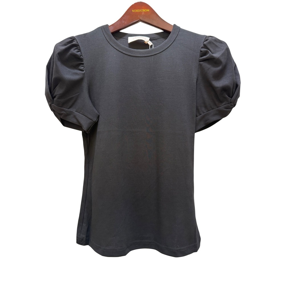 Choosy Womens Black Puff Sleeve Crew Neck T-Shirt Slim Fit Size XS Blk